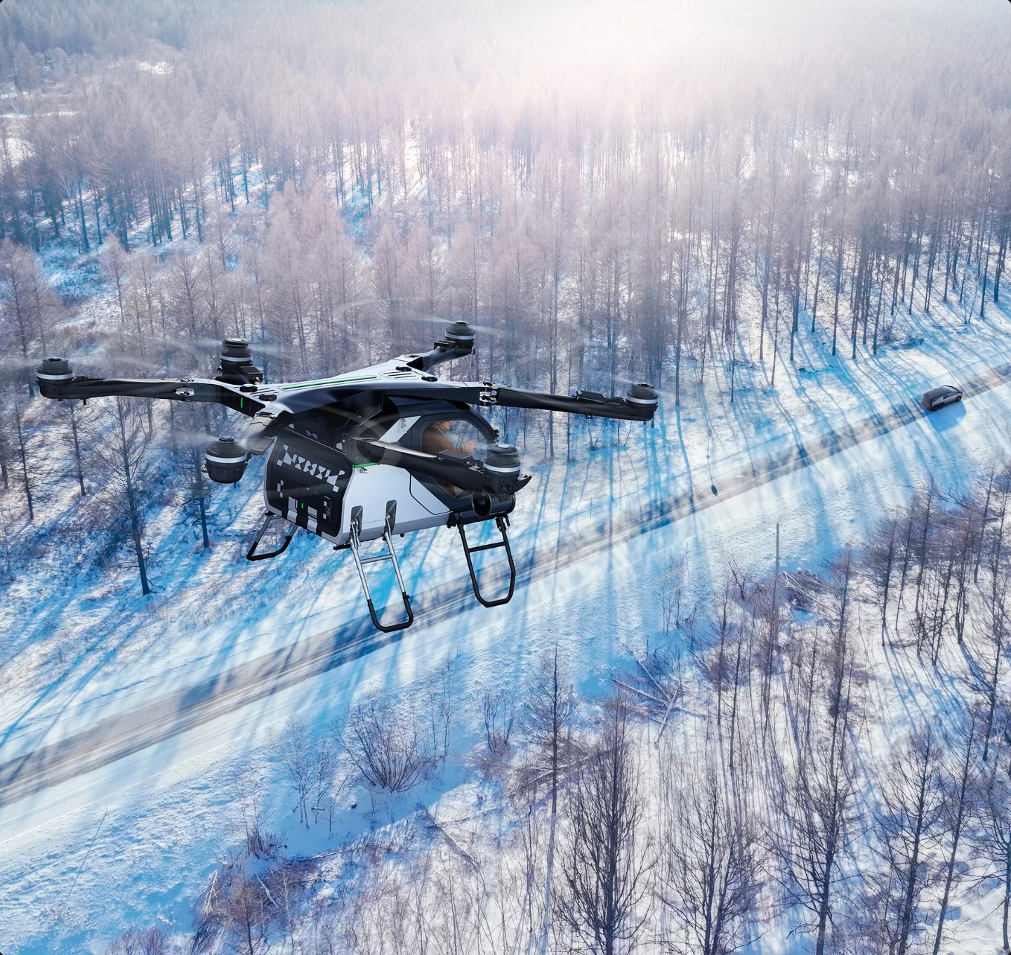 Двухместный eVTOL ARIDGE над зимним лесом