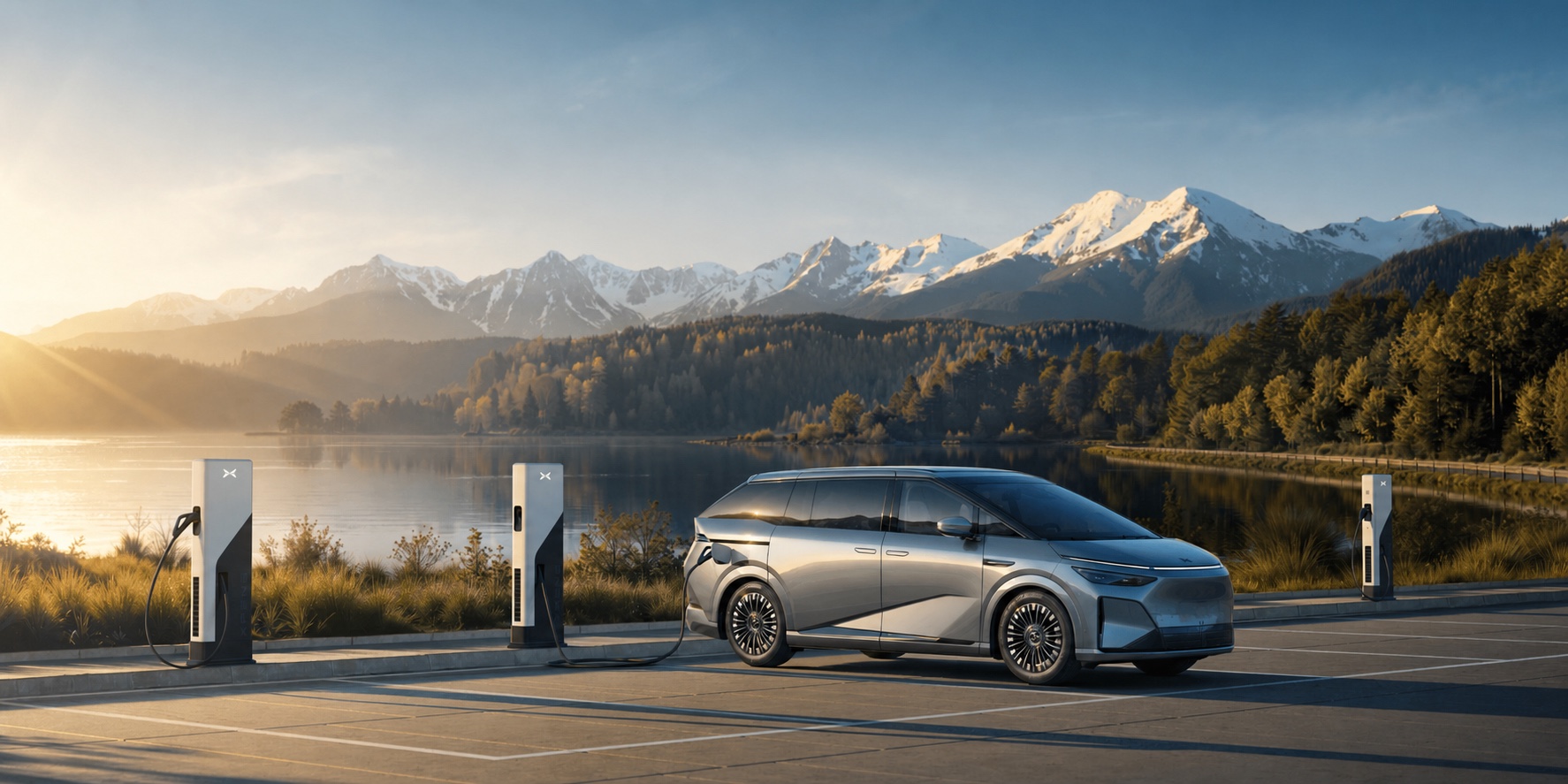 Электромобиль XPENG X9 возле быстрых зарядных станций